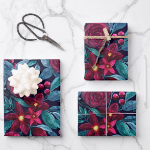 Elegant Navy Burgundy kerstFloral Waterverf Inpakpapier Vel