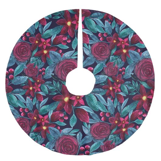Elegant Navy Burgundy kerstFloral Waterverf Kerstboom Rok (Voorkant)