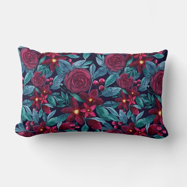 Elegant Navy Burgundy kerstFloral Waterverf Kussen (Voorkant)