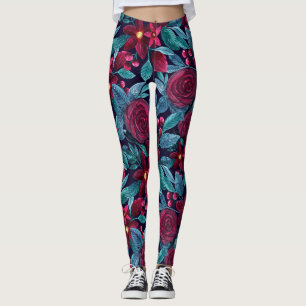 Elegant Navy Burgundy kerstFloral Waterverf Leggings