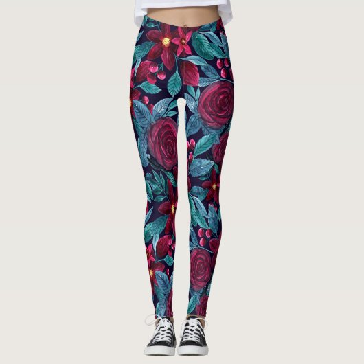 Elegant Navy Burgundy kerstFloral Waterverf Leggings (Voorkant)