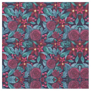 Elegant Navy Burgundy kerstFloral Waterverf Stof