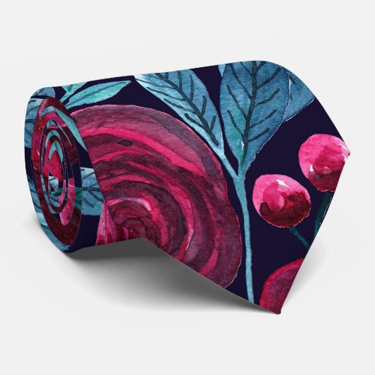 Elegant Navy Burgundy kerstFloral Waterverf Stropdas (Opgerold)