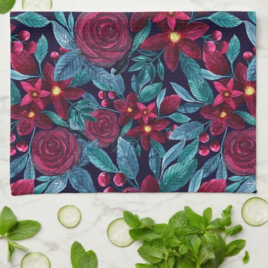 Elegant Navy Burgundy kerstFloral Waterverf Theedoek (Gevouwen)
