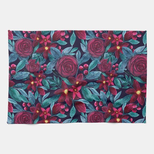 Elegant Navy Burgundy kerstFloral Waterverf Theedoek (Horizontaal)