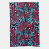 Elegant Navy Burgundy kerstFloral Waterverf Theedoek (Verticaal)