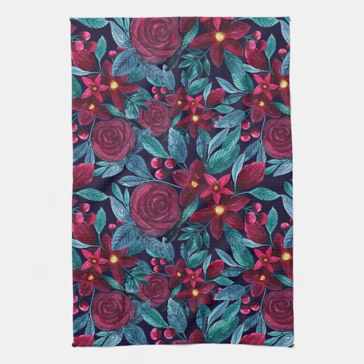 Elegant Navy Burgundy kerstFloral Waterverf Theedoek (Verticaal)
