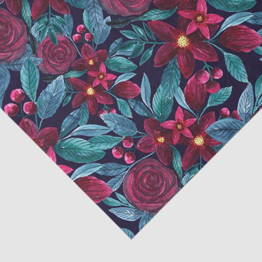 Elegant Navy Burgundy kerstFloral Waterverf Tissuepapier (Detail)