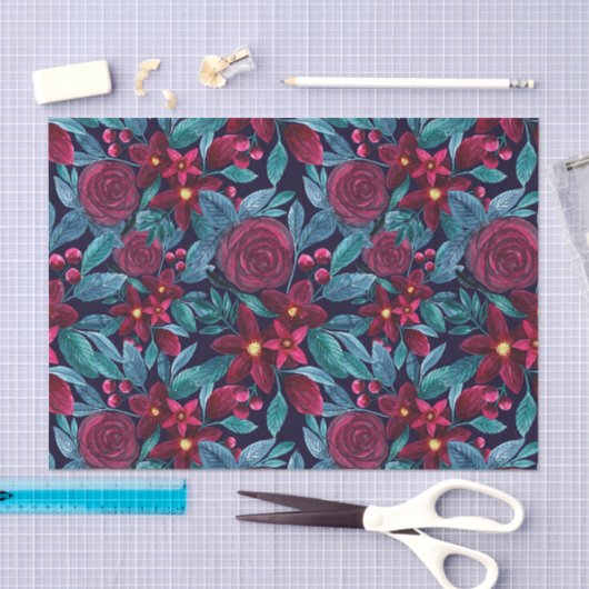 Elegant Navy Burgundy kerstFloral Waterverf Tissuepapier (Craft)