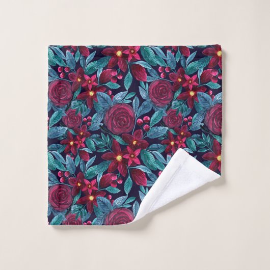 Elegant Navy Burgundy kerstFloral Waterverf Washandje (Wasdoekje)