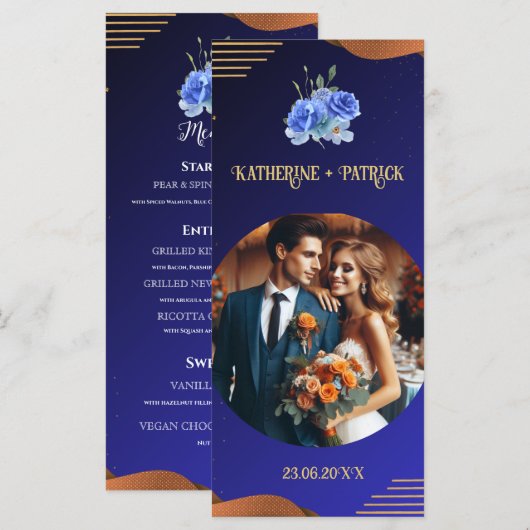 Elegant Navy & Burnt Sinaasappel | Foto bruiloft Menu (Voorkant / Achterkant)