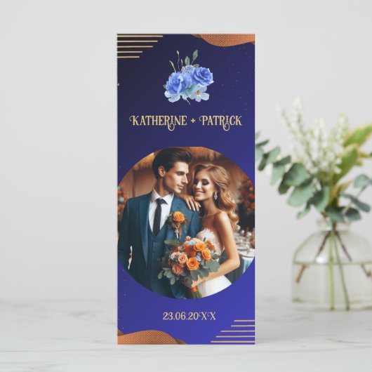 Elegant Navy & Burnt Sinaasappel | Foto bruiloft Menu (Staand voorkant)