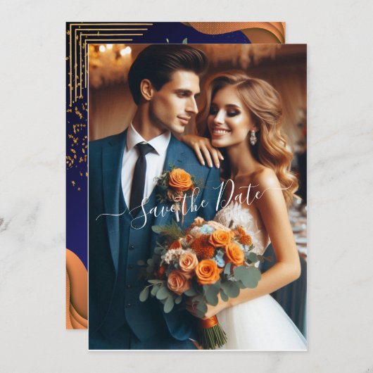 Elegant Navy & Burnt Sinaasappel | Foto De datum o Kaart (Voorkant / Achterkant)