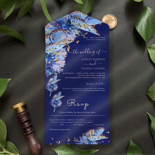 Elegant Navy Butterflies Wedding All In One Uitnodiging