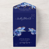 Elegant Navy Butterflies Wedding All In One Uitnodiging (Buitenkant)