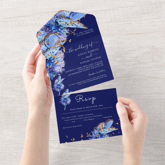 Elegant Navy Butterflies Wedding All In One Uitnodiging (Afscheurbaar)