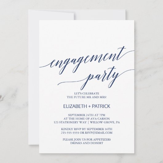 Elegant Navy Calligraphy Engagement Party Kaart (Voorkant)