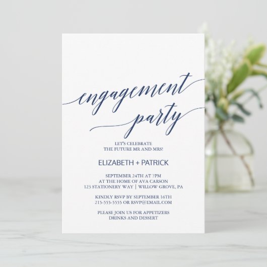 Elegant Navy Calligraphy Engagement Party Kaart (Staand voorkant)