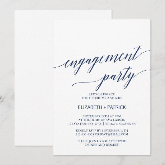 Elegant Navy Calligraphy Engagement Party Kaart (Voorkant / Achterkant)