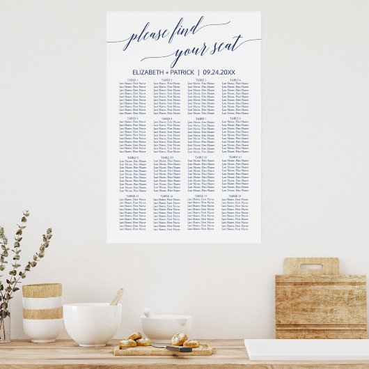 Elegant Navy Calligraphy Seating Chart Poster (Keuken)