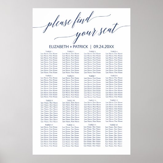 Elegant Navy Calligraphy Seating Chart Poster (Voorkant)