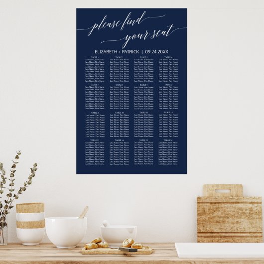 Elegant Navy Calligraphy Seating Chart Poster (Keuken)