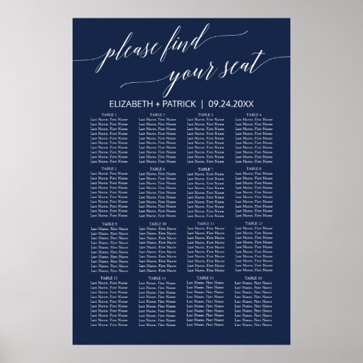 Elegant Navy Calligraphy Seating Chart Poster (Voorkant)