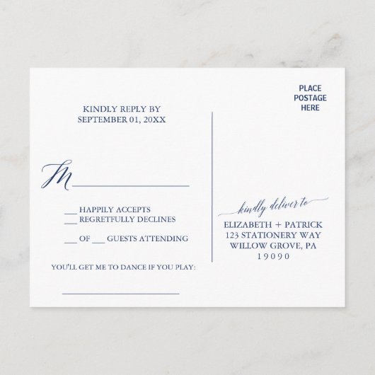 Elegant Navy Calligraphy Song Request RSVP Uitnodiging Briefkaart (Achterkant)