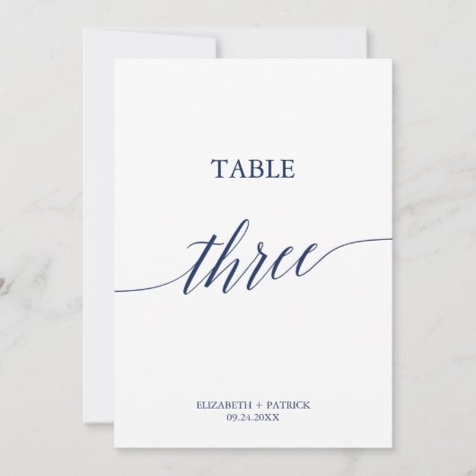 Elegant Navy Calligraphy Table Three Table Number Kaart (Voorkant)