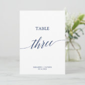 Elegant Navy Calligraphy Table Three Table Number Kaart (Staand voorkant)