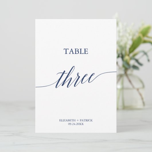 Elegant Navy Calligraphy Table Three Table Number Kaart (Staand voorkant)