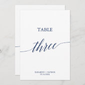 Elegant Navy Calligraphy Table Three Table Number Kaart (Voorkant / Achterkant)