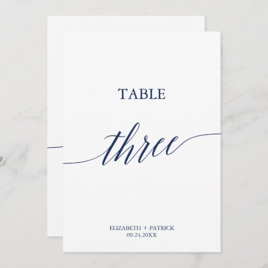 Elegant Navy Calligraphy Table Three Table Number Kaart (Voorkant / Achterkant)
