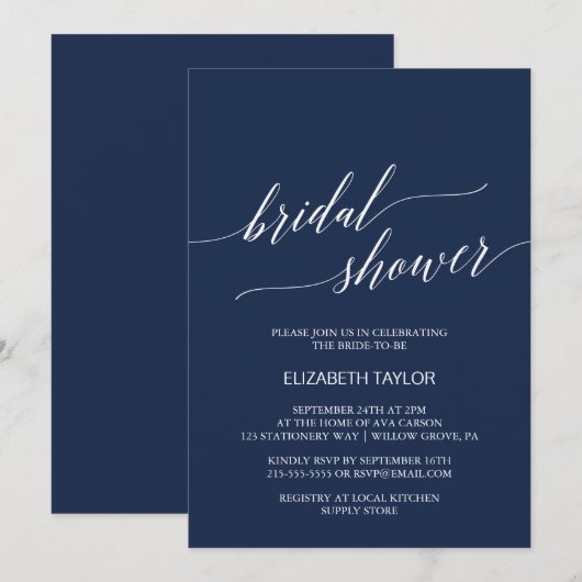 Elegant Navy Calligraphy Vrijgezellenfeest Kaart (Voorkant / Achterkant)