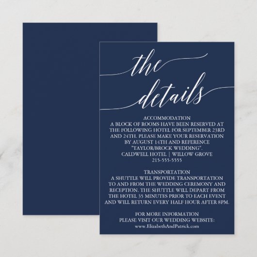 Elegant Navy Calligraphy Wedding Details Kaart (Voorkant / Achterkant)