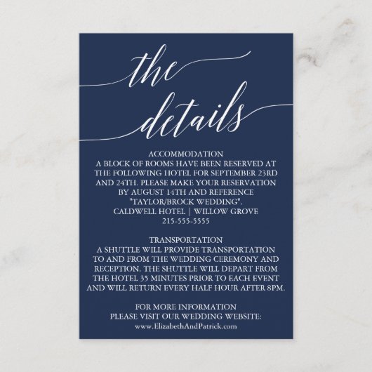 Elegant Navy Calligraphy Wedding Details Kaart (Voorkant)