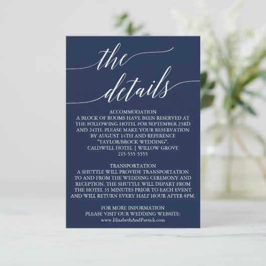 Elegant Navy Calligraphy Wedding Details Kaart (Staand voorkant)