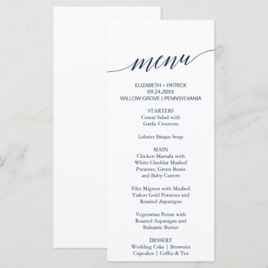 Elegant Navy Calligraphy Wedding Dinner Menu Kaart (Voorkant / Achterkant)