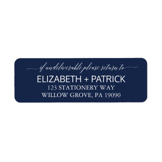 Elegant Navy Calligraphy Wedding Etiket (Voorkant)