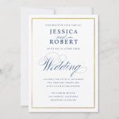 Elegant Navy Calligraphy Wedding Faux Gold Border Kaart (Voorkant)