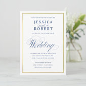 Elegant Navy Calligraphy Wedding Faux Gold Border Kaart (Staand voorkant)