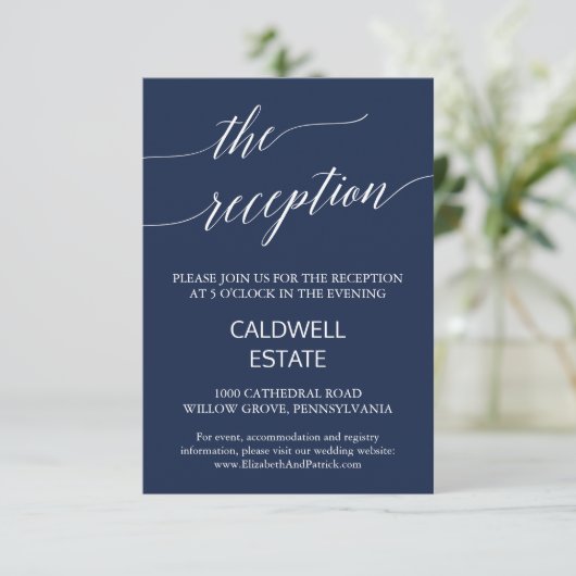 Elegant Navy Calligraphy Wedding Reception Kaart (Staand voorkant)