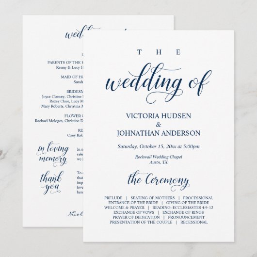 Elegant Navy Classy Script, huwelijksceremonie Programmakaart (Voorkant / Achterkant)