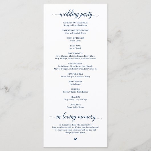 Elegant Navy Classy Script, huwelijksceremonie Programmakaart (Achterkant)