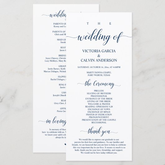 Elegant Navy Classy Script, huwelijksceremonie Programmakaart (Voorkant / Achterkant)