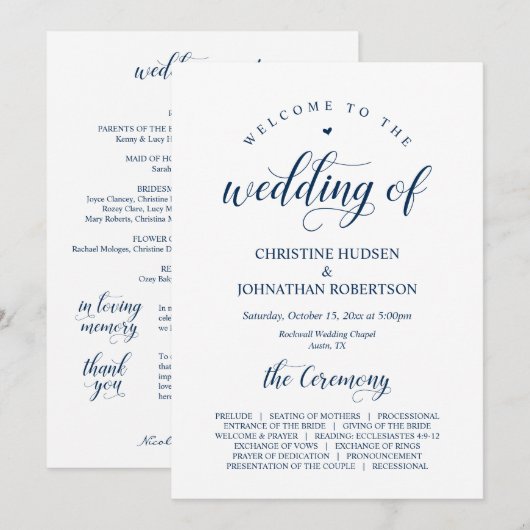 Elegant Navy Classy Script, huwelijksceremonie Programmakaart (Voorkant / Achterkant)