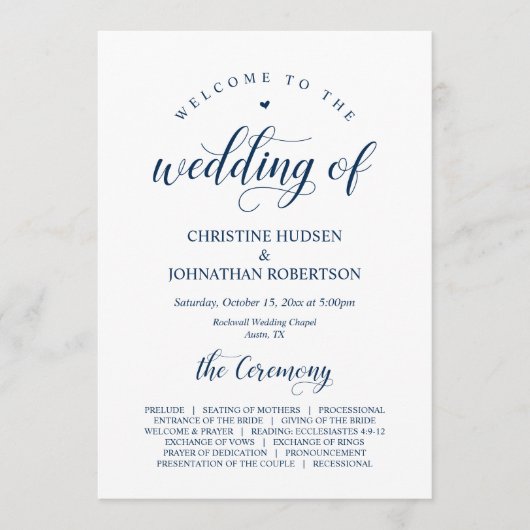 Elegant Navy Classy Script, huwelijksceremonie Programmakaart (Voorkant)