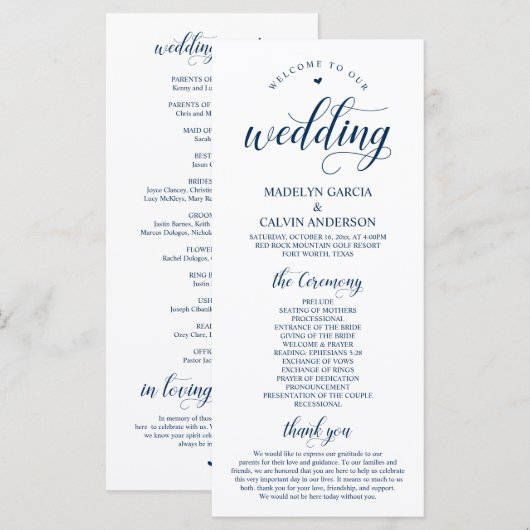 Elegant Navy Classy Script, huwelijksceremonie Programmakaart (Voorkant / Achterkant)