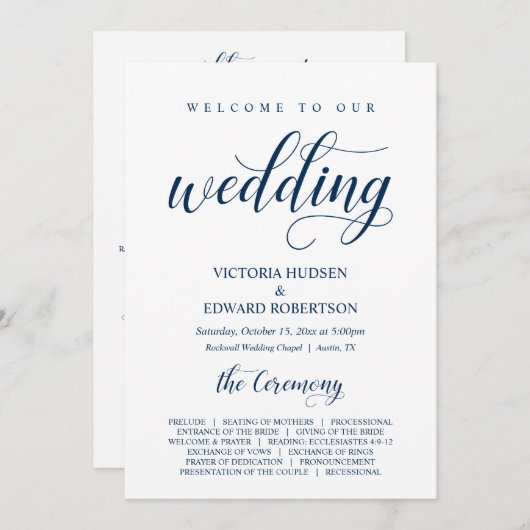 Elegant Navy Classy Script, huwelijksceremonie Programmakaart (Voorkant / Achterkant)