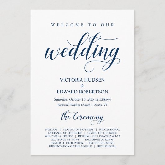 Elegant Navy Classy Script, huwelijksceremonie Programmakaart (Voorkant)